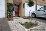 Scottish beach cobbles inset into mortar bed with planting pockets edging with sandstone setts 