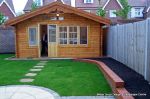 Garden was on a new development new Saxon paving with circle feature installed new lawn, stepping stones and low planter wall summer house with hot tub and lighting installed